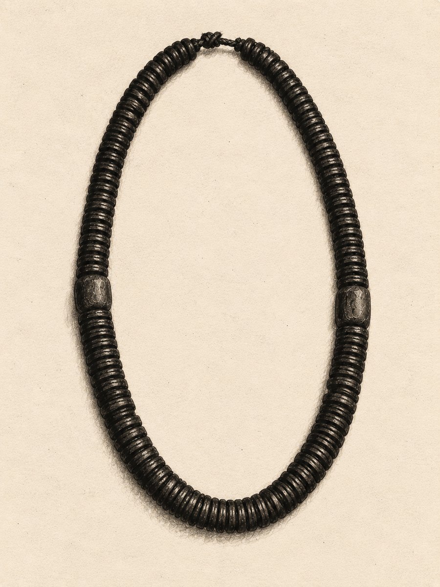 Desenho a carvão do colar sagrado: um cordão fechado de pequenos discos escuros empilhados, com duas contas retangulares mais claras nas laterais e um nó de cordão embaixo.