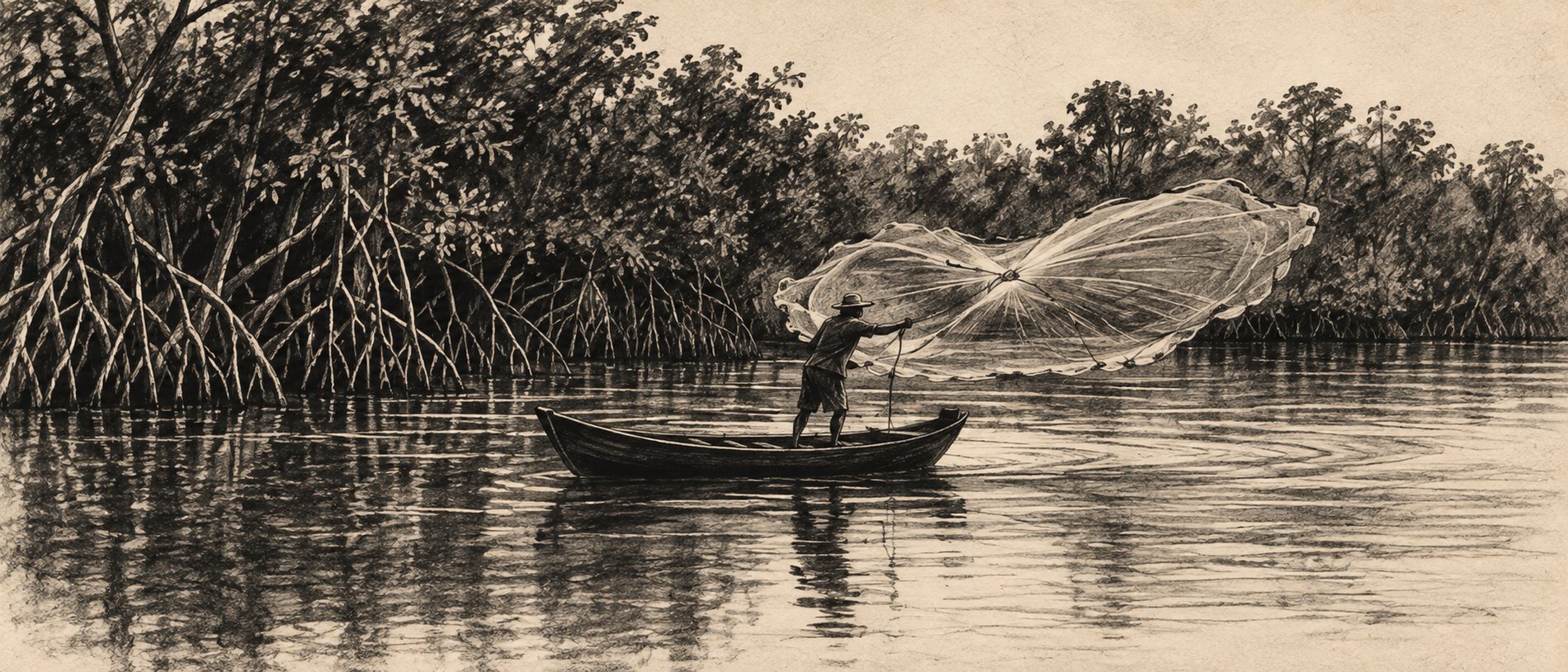 Desenho a carvão de um pescador em pé numa canoa de madeira, lançando a tarrafa sobre a água parada de uma lagoa, com o mangue e suas raízes ao fundo.