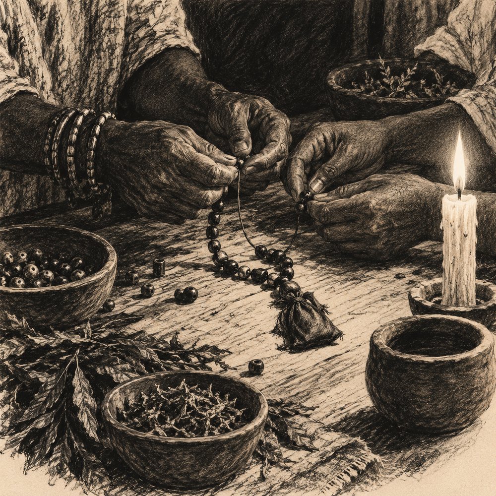 Desenho a carvão de mãos montando o colar de contas sobre uma mesa de madeira, à luz de vela, entre cuias de barro e ervas secas.