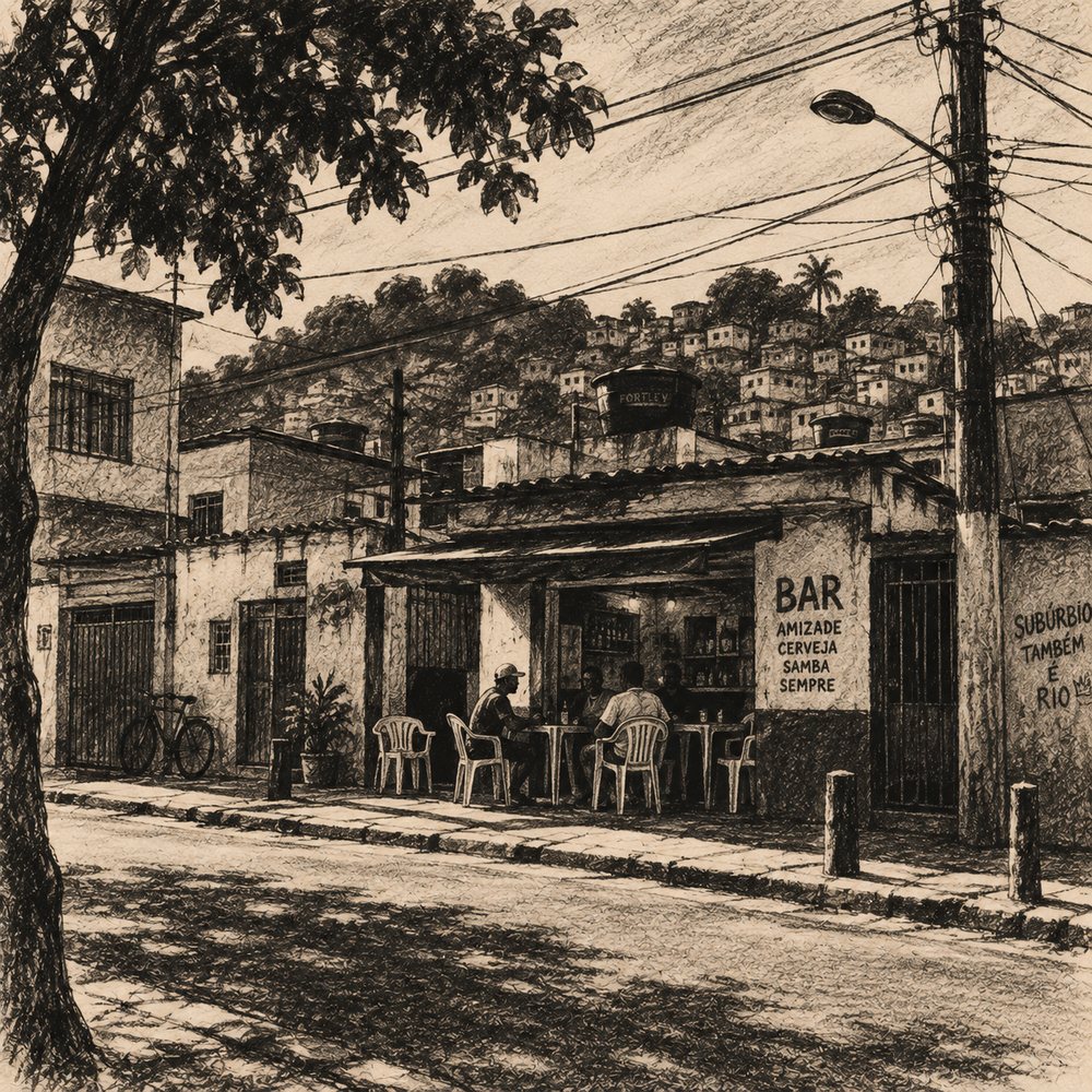 Desenho a carvão de uma rua de subúrbio carioca: bar de esquina com cadeiras de plástico, fios de luz, caixas d'água e o morro de casas ao fundo.
