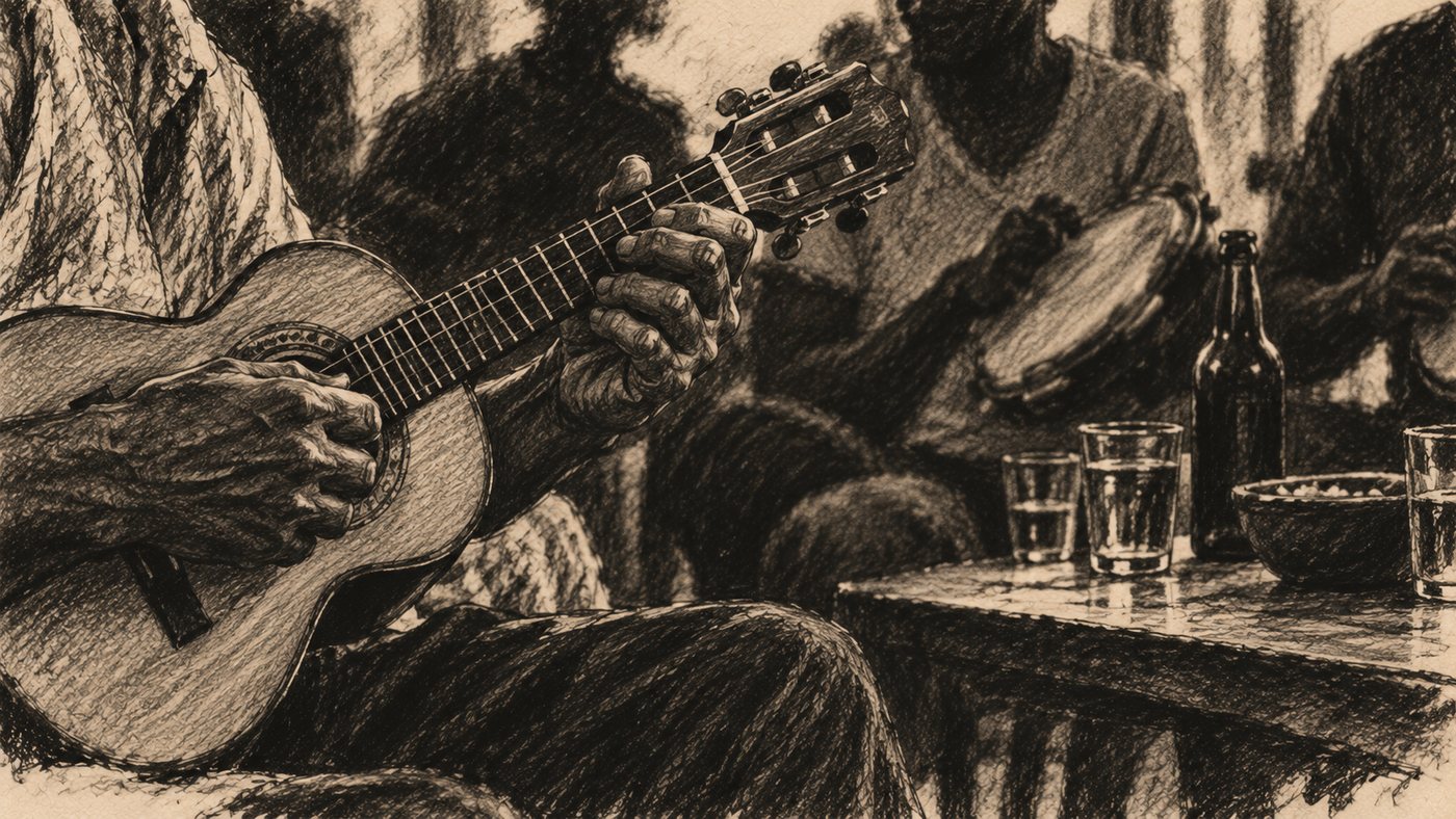 Desenho a carvão de mãos tocando um cavaquinho, com figuras sentadas em volta de uma mesa ao fundo, pandeiro e copos.