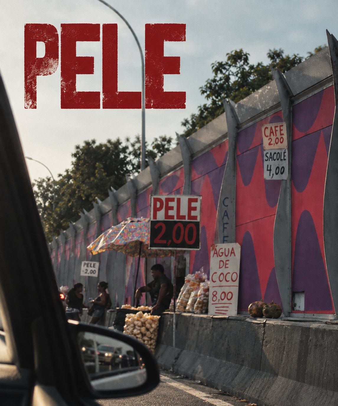 PELE — o muro metálico da via expressa, com vendedores e placas de biscoito, visto de dentro de um carro